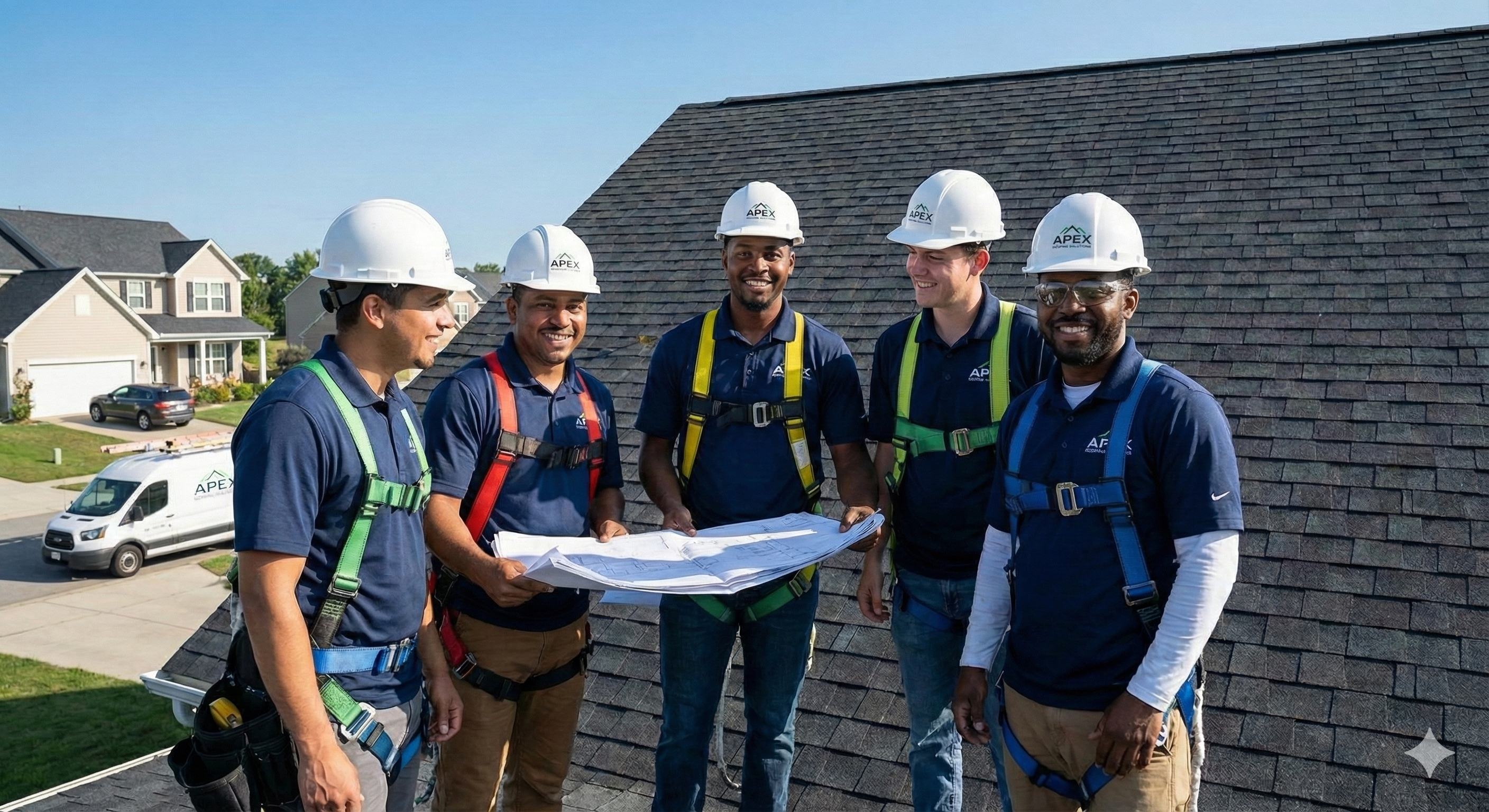Professional roofing contractors working on residential roof installation